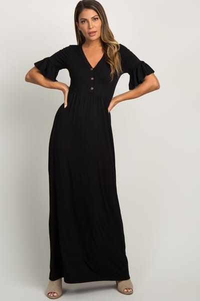 Bellamie Black Button Ruffle Sleeve Maxi Dress