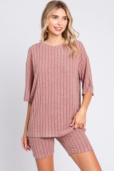 Charmo Mauve Ribbed Soft Short Sleeve Shorts Set