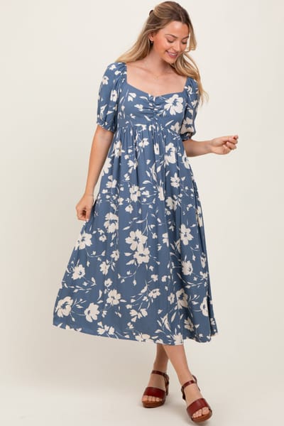 In February Light Navy Floral Sweetheart Neckline Midi Dress