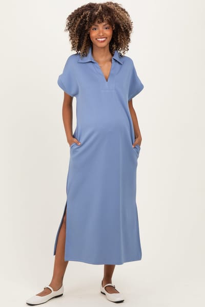 PinkBlush Dusty Blue Collared Short Sleeve Maternity Midi Dress