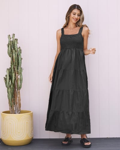 Angel Maternity Lilliana Black Linen Maternity Maxi Dress - Shoulder Tie