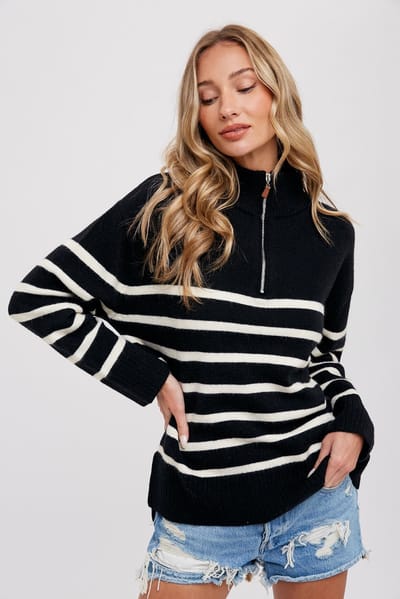Bluivy Black Striped Half Zip Sweater