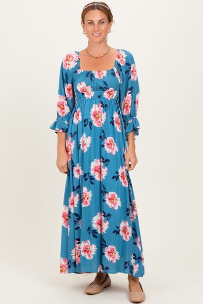 Rhea + Thea Light Blue Floral Long Sleeve Square Neck Smocked Maxi Dress