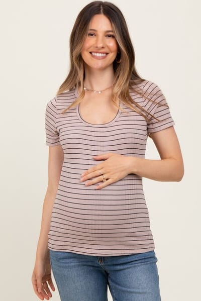 PinkBlush Mocha Ribbed Striped Short Sleeve Maternity Top