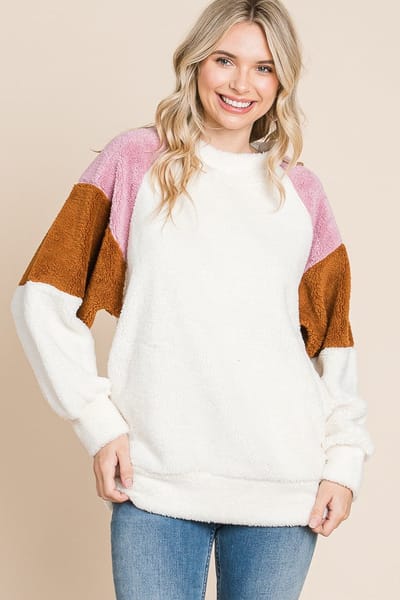 Culture Code Ivory Colorblock Soft Fleece Pullover Sweater