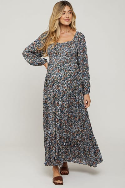 PinkBlush Navy Floral Long Sleeve Maternity Maxi Dress