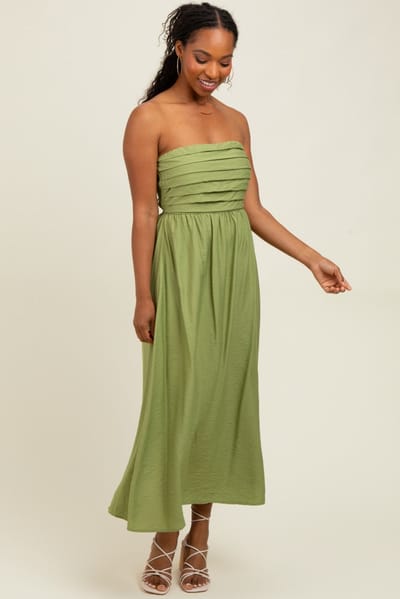Moon River Light Olive Pleated Bodice Strapless Midi Dress
