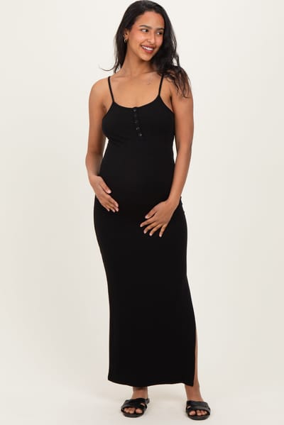 PinkBlush Black Button Detail Sleeveless High Slit Maternity Maxi Dress