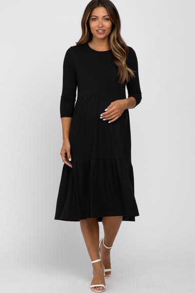 PinkBlush Black Tiered Ribbed 3/4 Sleeve Maternity Midi Dress