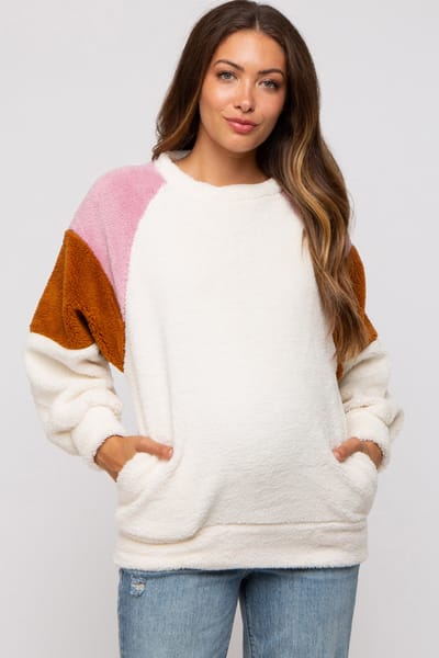 Culture Code Ivory Colorblock Soft Fleece Pullover Maternity Sweater