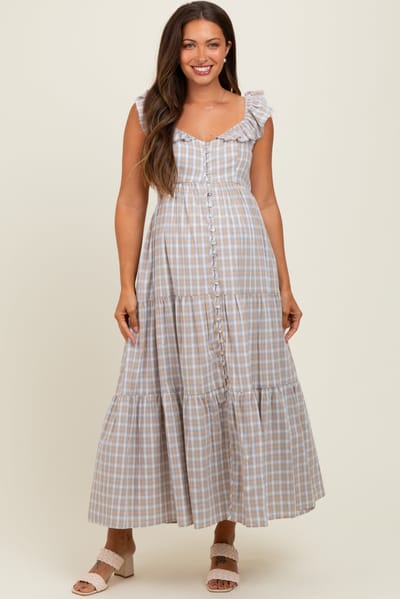 In Loom Light Blue Cotton Plaid Maternity Maxi Dress