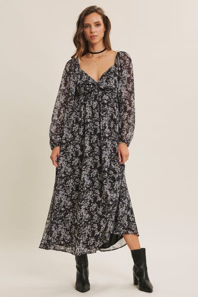 In February Black Floral Chiffon Twisted Front Midi Dress
