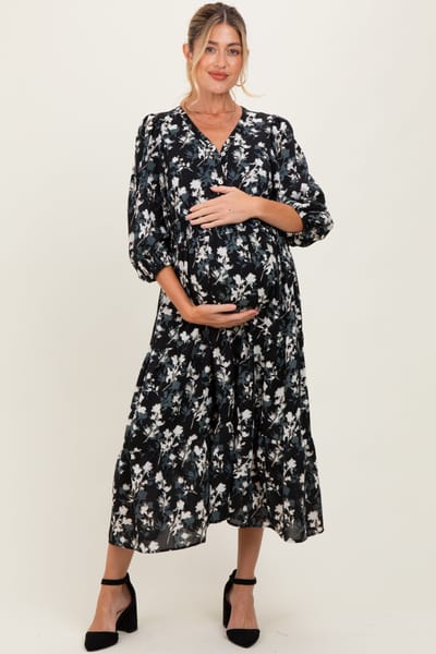 Polagram Black Floral Button Front V-Neck Maternity Midi Dress