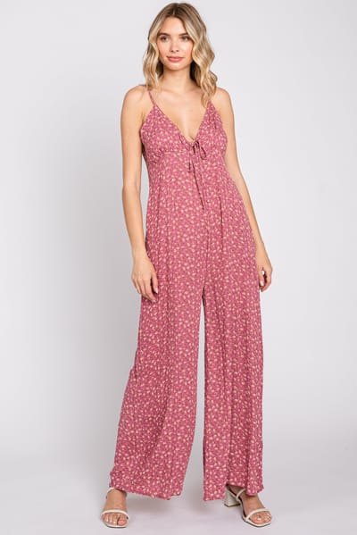 Elloh Mauve Floral V-Neck Front Tie Sleeveless Jumpsuit