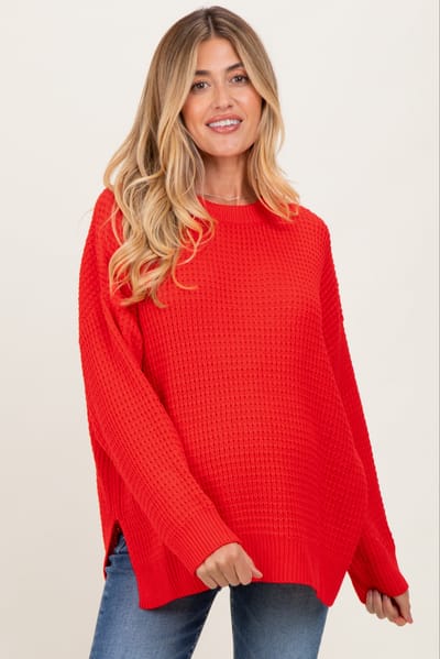 Buttermelon Red Waffle Knit Side Slit Maternity Sweater