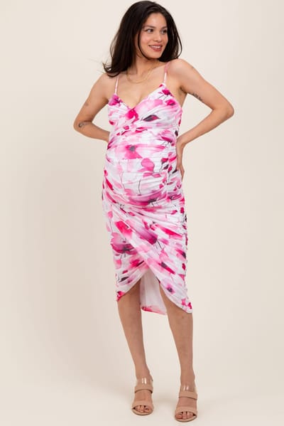 PinkBlush Pink Floral Ruched Tulip Hem Maternity Midi Dress