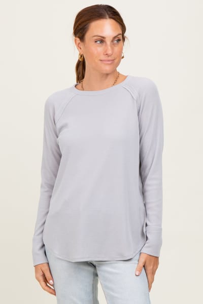 Zenana Outfitters Light Grey Baby Waffle Knit Long Sleeve Top