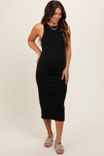 Blu Pepper Black Sleeveless Ribbed Knit Maternity Midi Dress