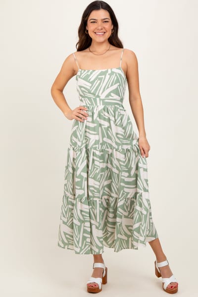 Lovely Day Light Olive Printed Cutout Tie Back Tiered Midi Dress