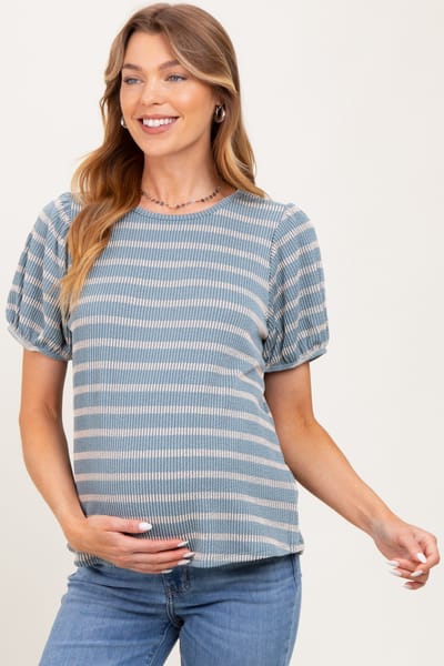 Mitto Blue Textured Knit Striped Puff Sleeve Maternity Top