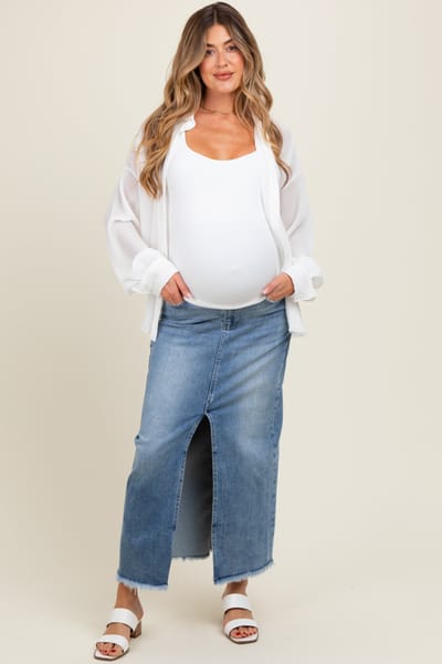 PinkBlush Blue Front Slit Fringe Hem Maternity Denim Maxi Skirt
