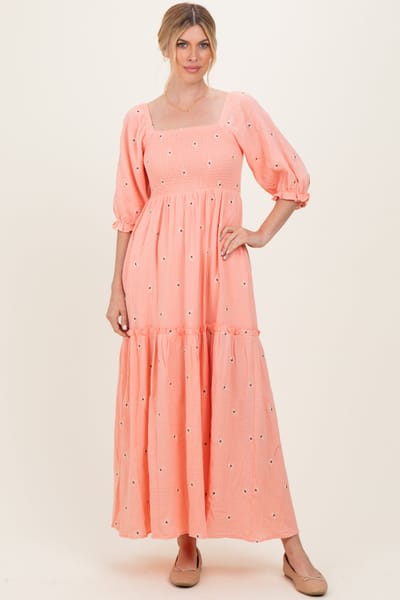 J.NNA Light Pink Floral Smocked Puff Sleeve Maxi Dress