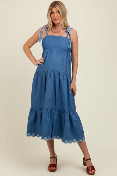PinkBlush Denim Tiered Maternity Midi Dress