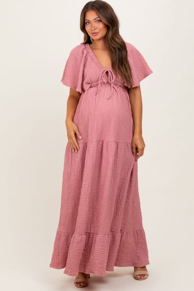 Rhea + Thea Mauve Woven Textured Flutter Sleeve V-Neck Tiered Maternity Maxi Dress
