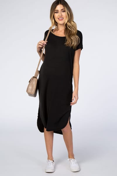PinkBlush Black Faded Curved Hem Maternity Midi Dress