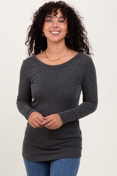 Hello Miz Charcoal Ribbed Scoop Neck Long Sleeve Top