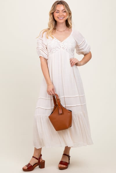 Dress Day Cream Crochet Detail Bodice Midi Dress