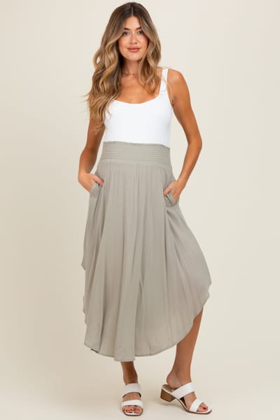 Final Touch Light Olive Smocked Waist Rounded Hem Maternity Midi Skirt