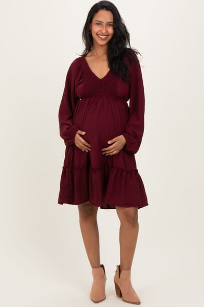 Rhea + Thea Burgundy Long Sleeve V-Neck Tiered Maternity Midi Dress