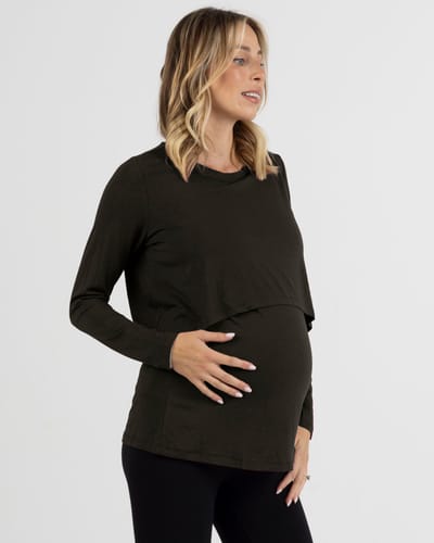 Angel Maternity Bamboo Long Sleeve Maternity and Nursing Top in Black