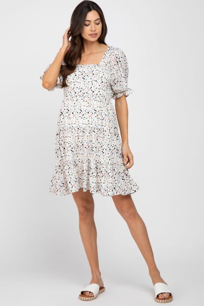Jodifl Ivory Printed Puff Sleeve Maternity Tiered Dress