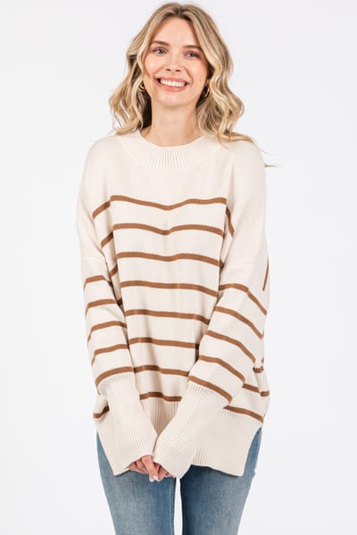 Miracle Beige Striped Drop Shoulder Sweater