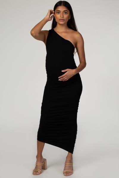 Rhea + Thea PinkBlush Black Ruched One Shoulder Maternity Dress
