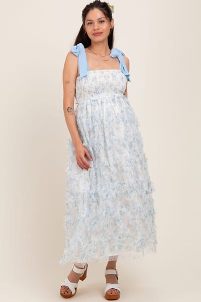 PinkBlush Light Blue Floral Smocked Shoulder Tie Ruffled Maternity Midi Dress