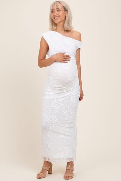 PinkBlush White Lace Asymmetrical Ruched Maternity Maxi Dress
