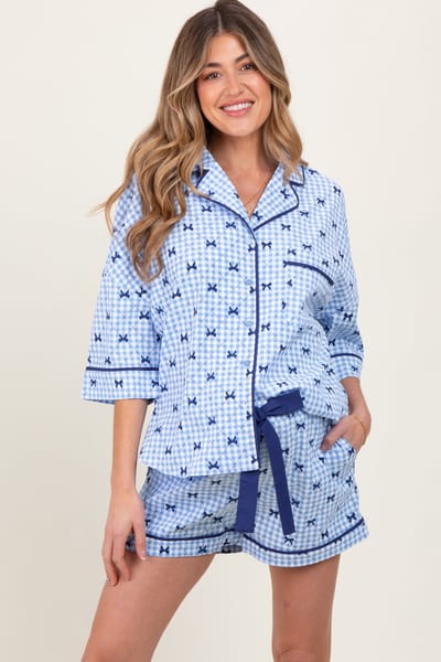 AnnieWear Light Blue Bow Print Gingham Pajama Short Maternity Set