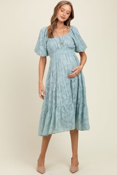 PinkBlush Light Blue Textured Floral Short Sleeve Maternity Midi Dress