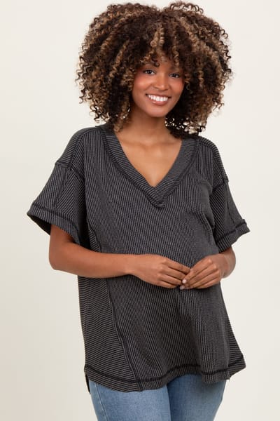 Very J Charcoal Ribbed Raw Hem Maternity Short Sleeve Top