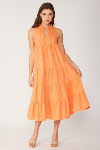 FSL APPAREL Tangerine Tiered Linen Blend Solid Midi Dress