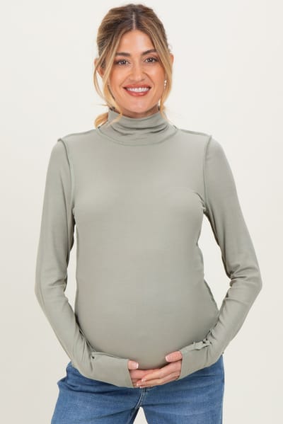 Rhea + Thea Light Olive Solid Long Sleeve Ribbed Turtle Neck Maternity Top