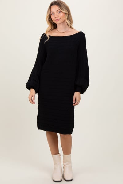 Vine & Love Black Cable Knit Dolman Sleeve Sweater Mini Dress