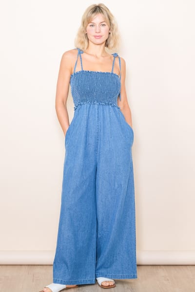 Elloh Blue Chambray Shoulder Tie Smocked Jumpsuit