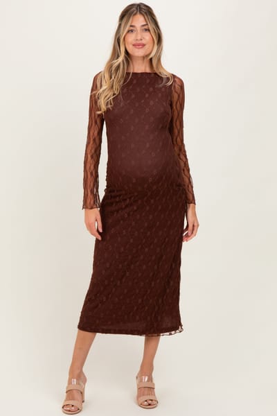Hyfve Brown Lace Overlay Fitted Maternity Maxi Dress