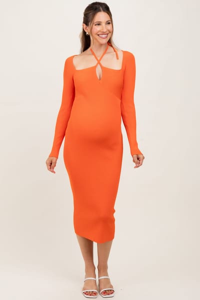 PinkBlush Orange Cutout Cross-Strap Knit Maternity Midi Dress