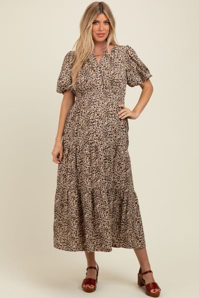 Jodifl Brown Animal Print Tiered Maternity Midi Dress