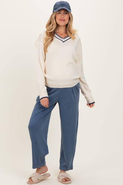 PinkBlush Light Navy Mineral Wash Pleated Maternity Lounge Pants